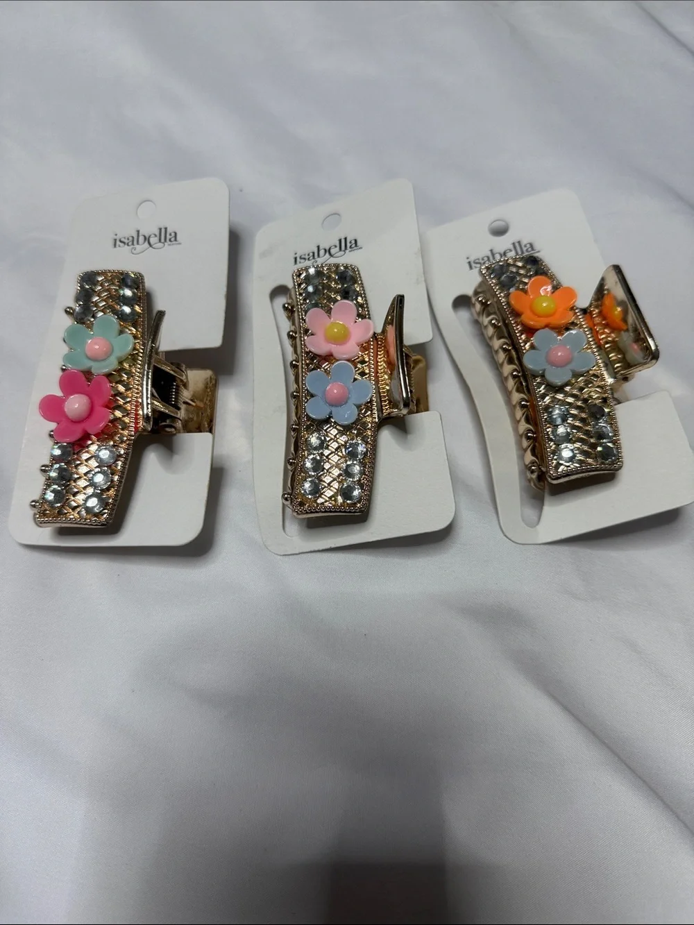 Set of 3 Multicolor Floral Rhinestone Hair Claw Clip - Pink, Blue, Mint, Orange
